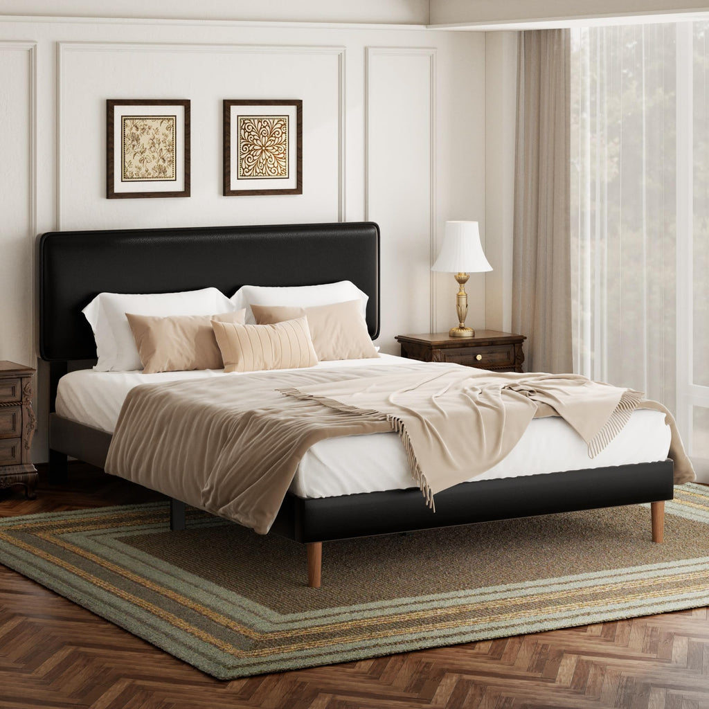 Black Full Size Upholstered Platform Bed Frame with Adjustable Headboard O59898