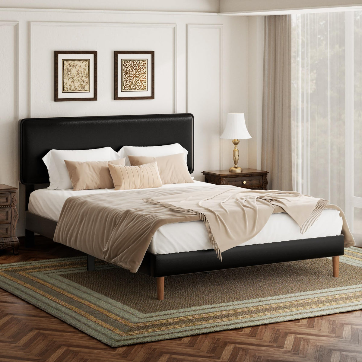 Black Full Size Upholstered Platform Bed Frame with Adjustable Headboard O59898