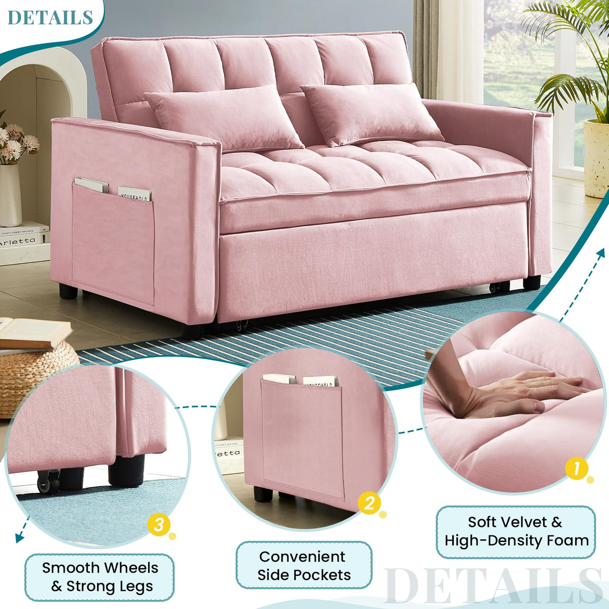 Pink Velvet Convertible Sleeper Sofa Bed V401