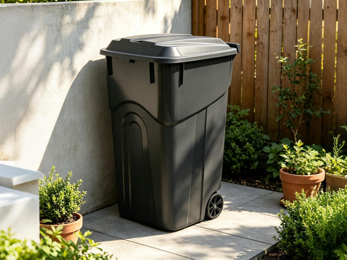 32 Gallon Black Plastic Wheeled Trash Can with Lid X296