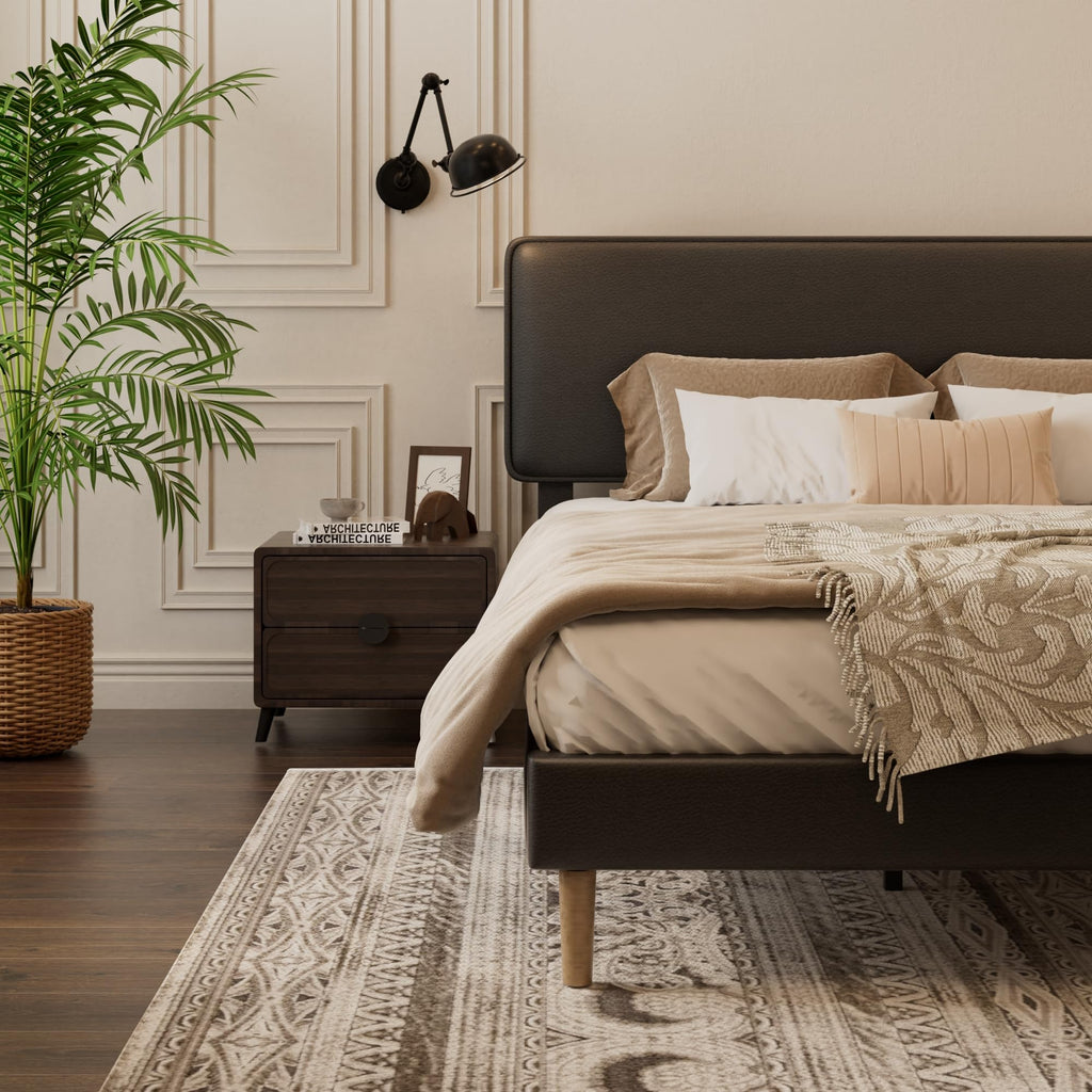 Black Full Size Upholstered Platform Bed Frame with Adjustable Headboard O59898