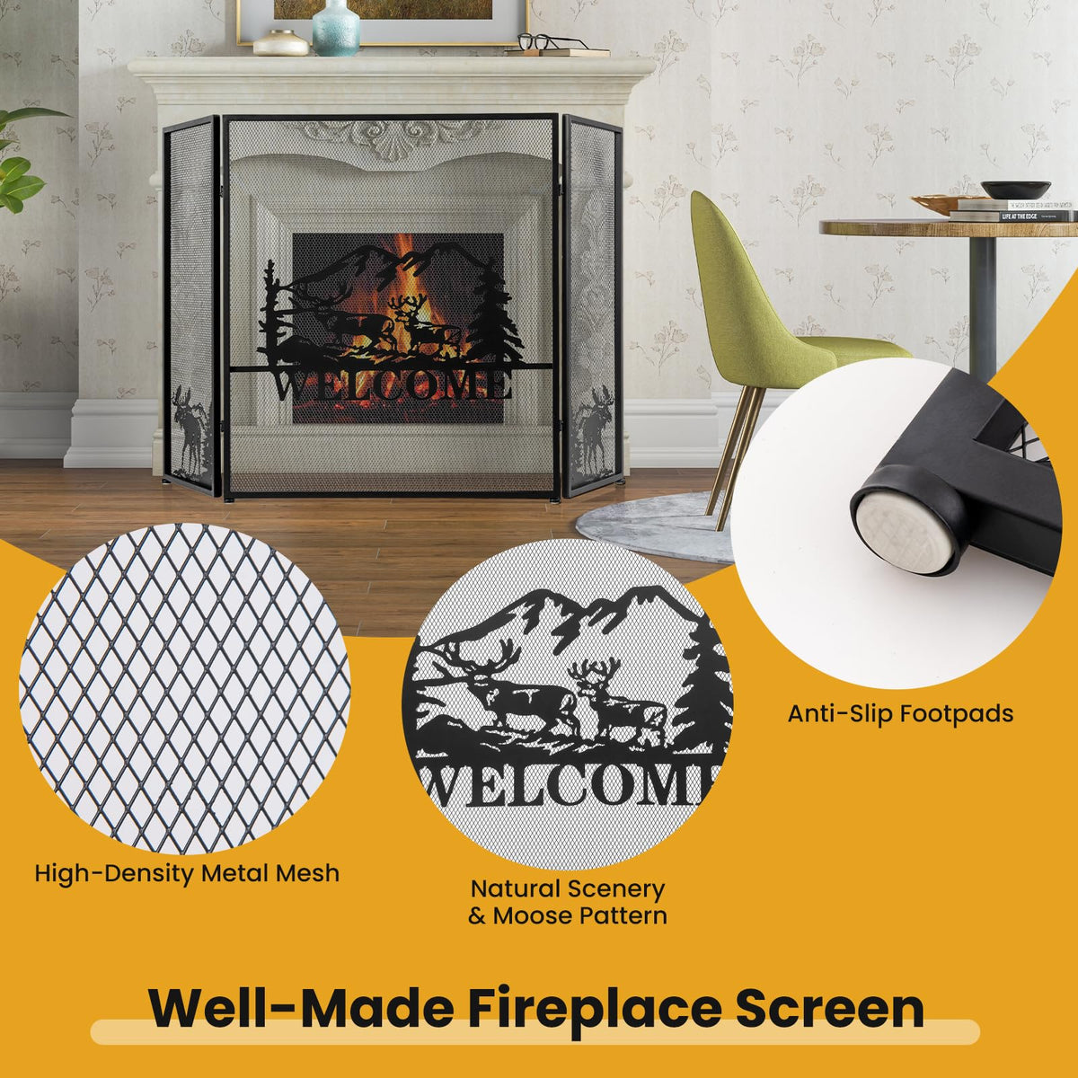 Foldable Fireplace Screen with Moose Pattern R32066