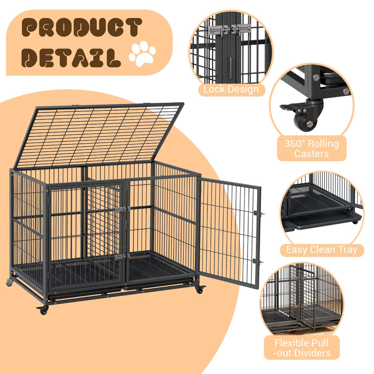 48 Inches Heavy Duty Metal Dog Crate with Divider and Wheels Q36269