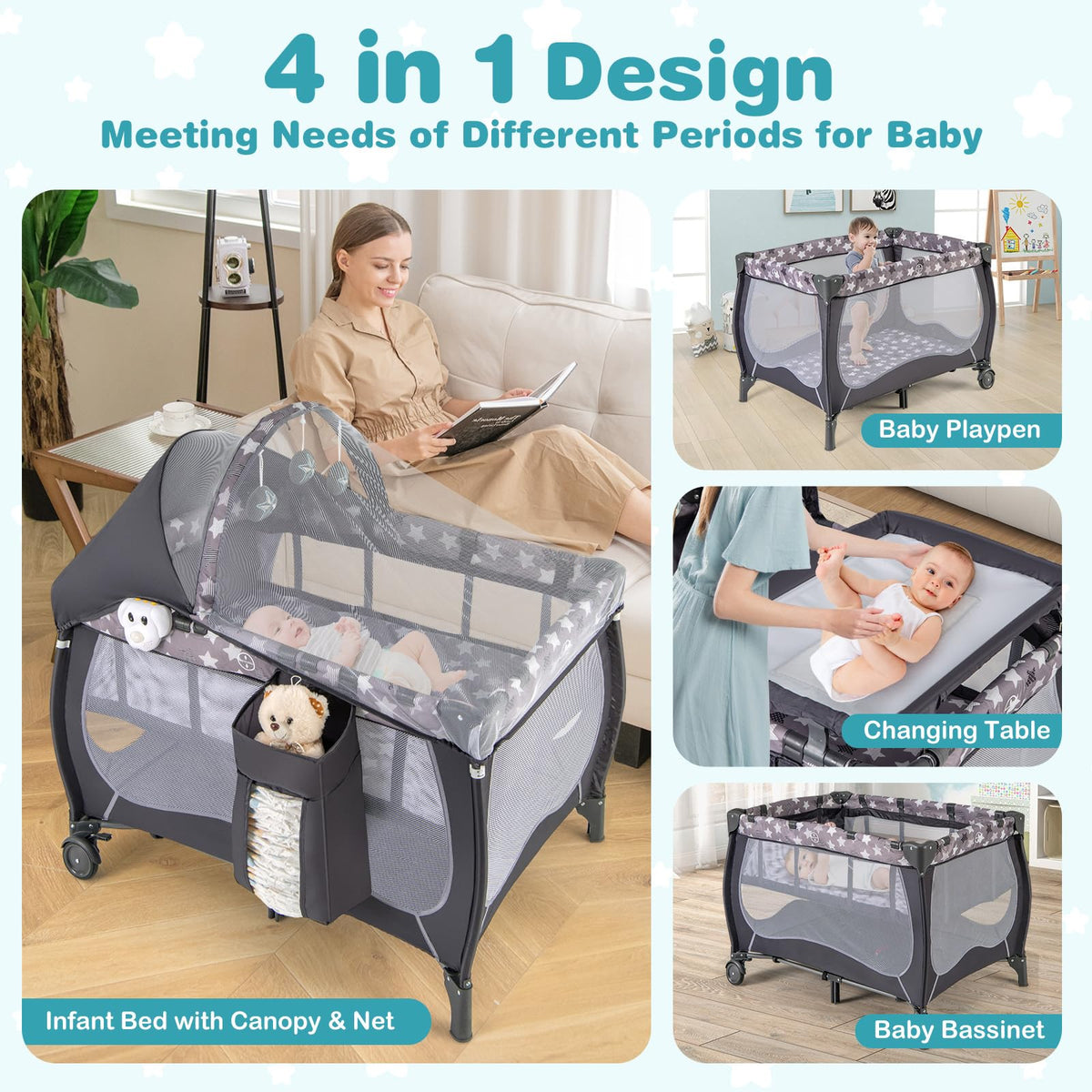 4 in 1 Pack and Play Portable Baby Playard with Bassinet F939005