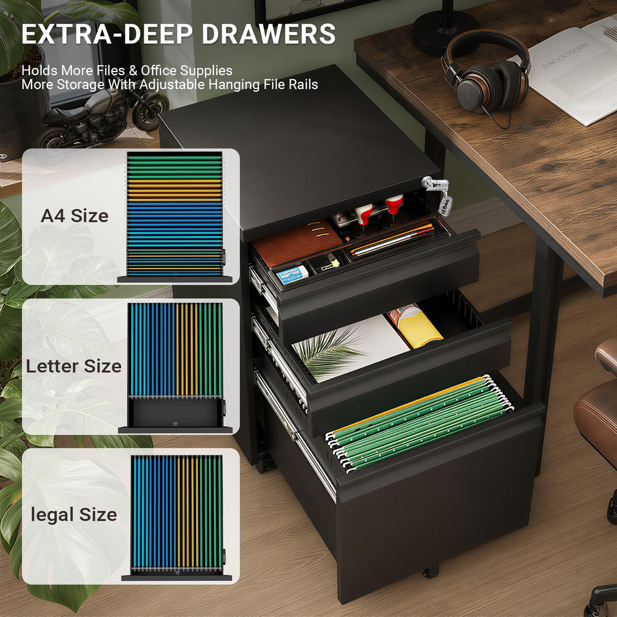 Black 3 Drawer Mobile File Cabinet with Lock M2855