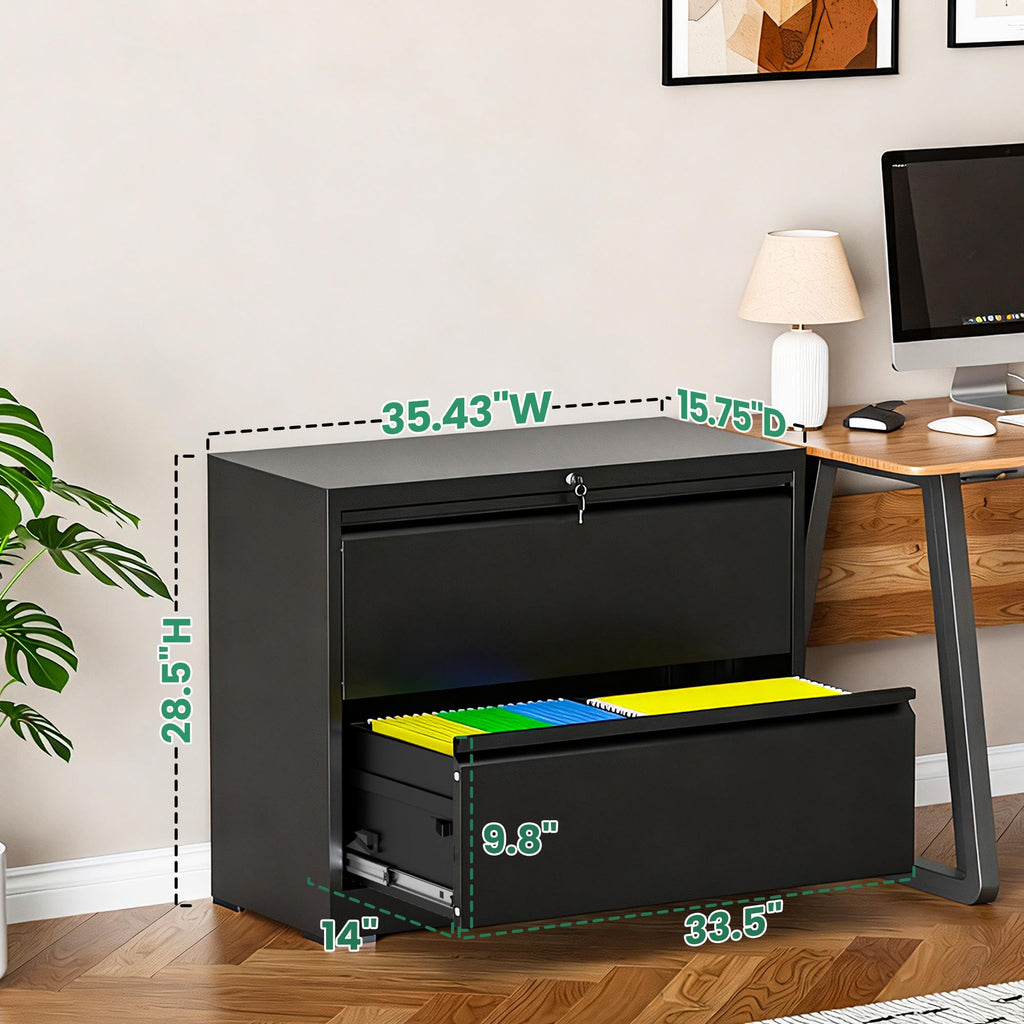 Black 2 Drawer Metal Lateral File Cabinet with Lock J52857