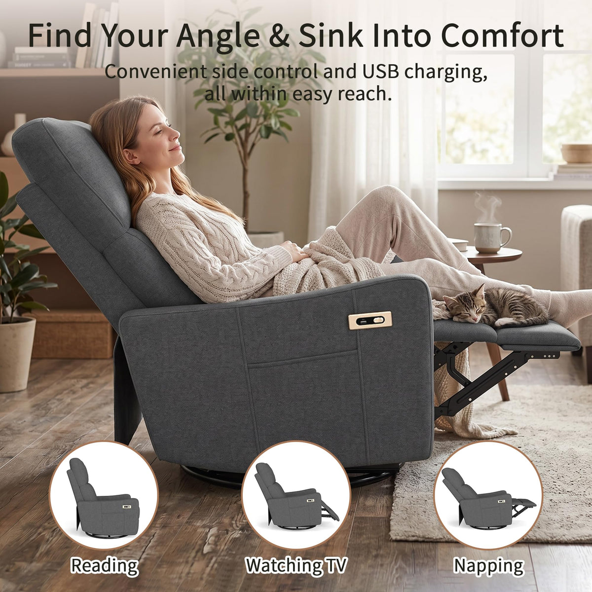 29" Electric Power Swivel Rocking Recliner Chair Dark Gray C425