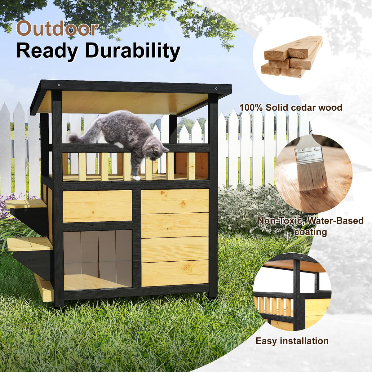 Weatherproof Two Story Outdoor Cat House with Escape Door A538946