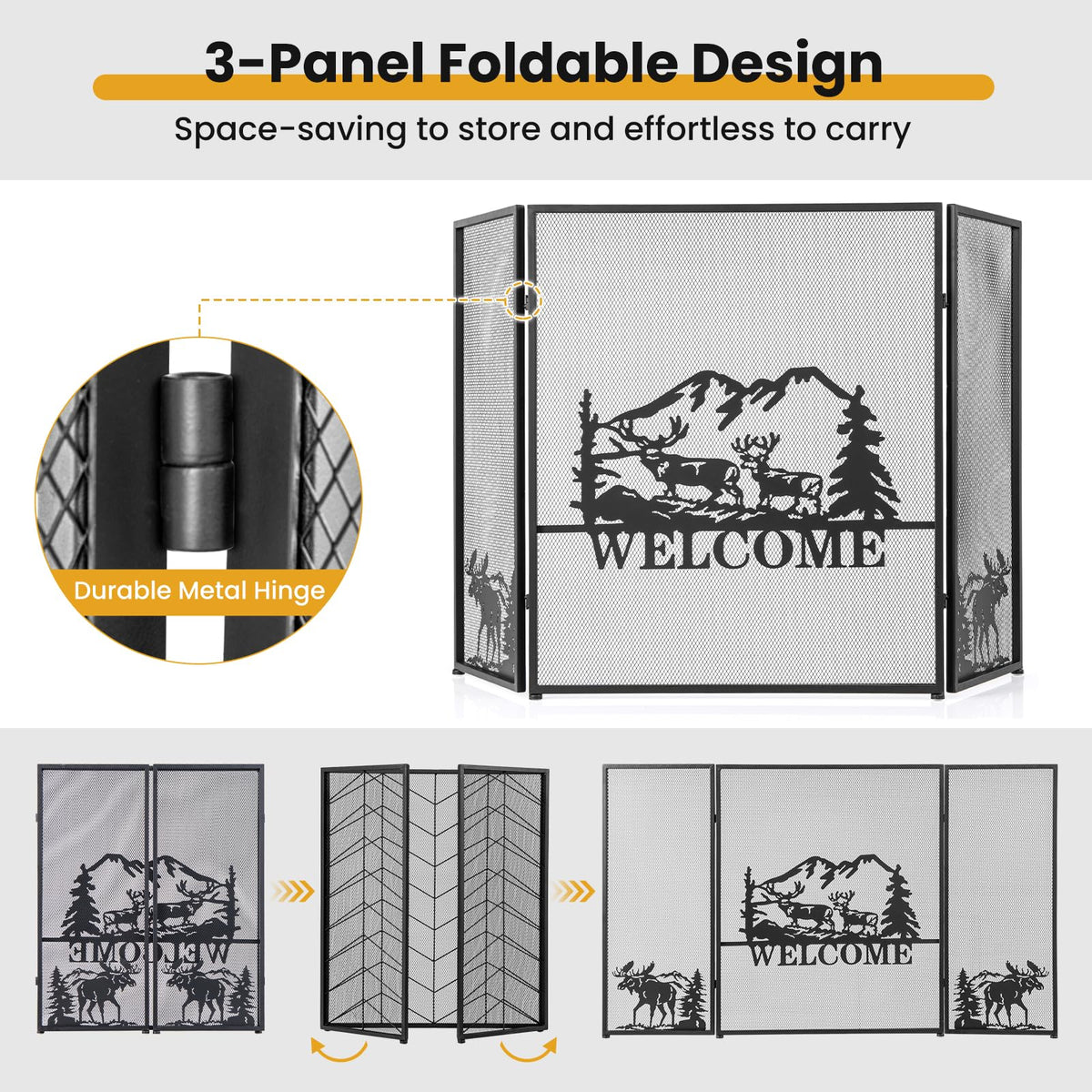 Foldable Fireplace Screen with Moose Pattern R32066
