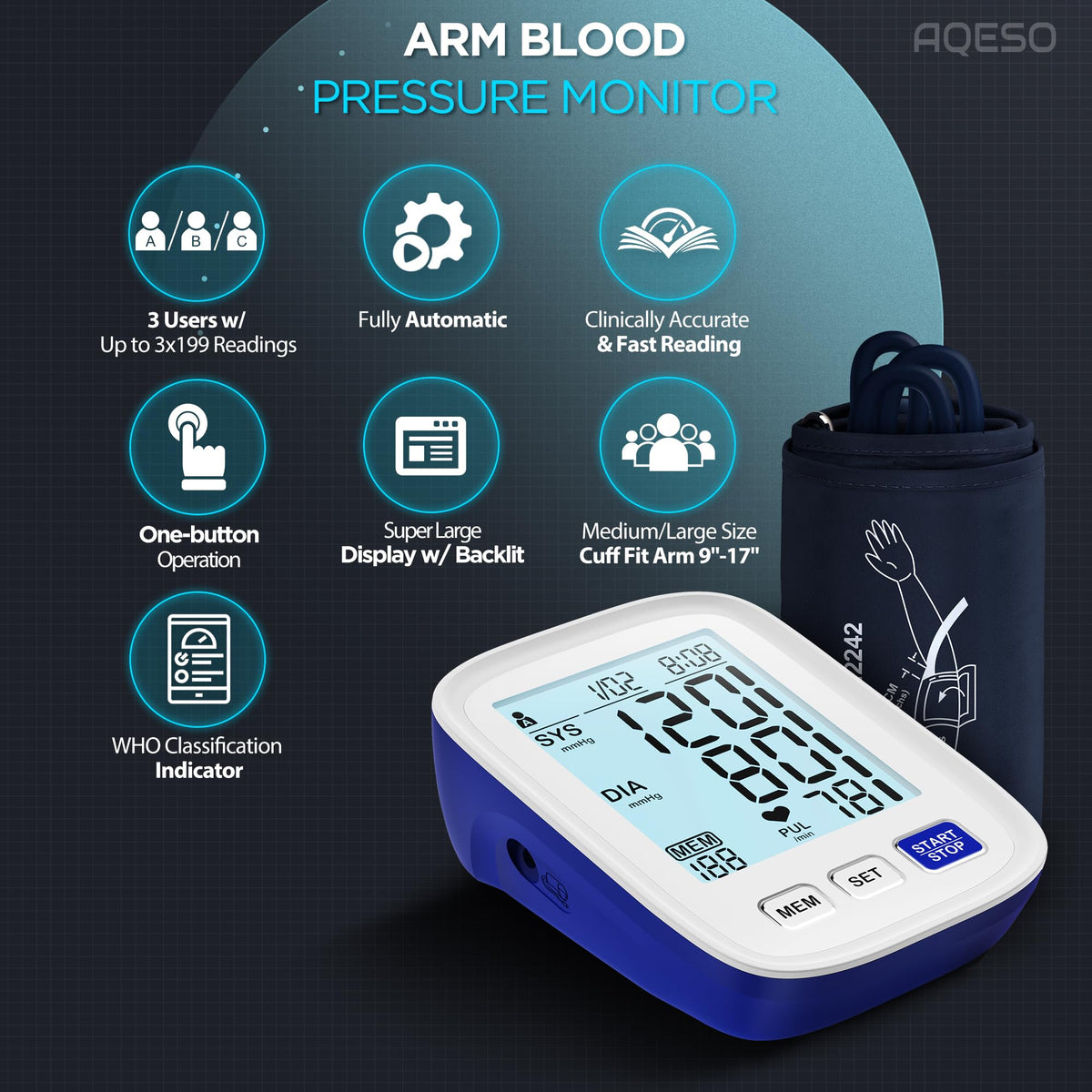 Automatic Digital Blood Pressure Monitor, 9-17 Inches Cuff, Large Backlit Screen X47946