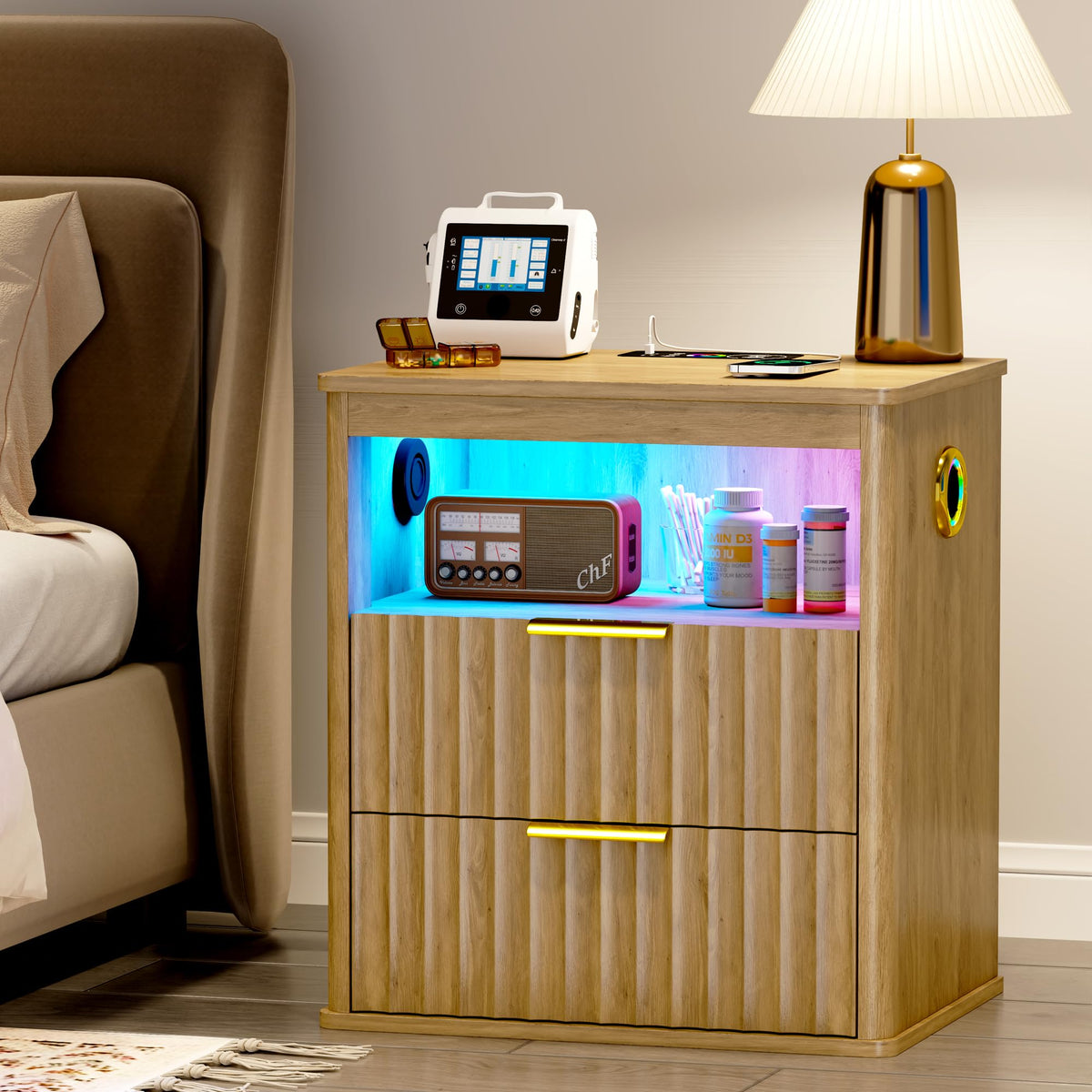 LED Nightstand with Charging Station and 2 Drawers D7139