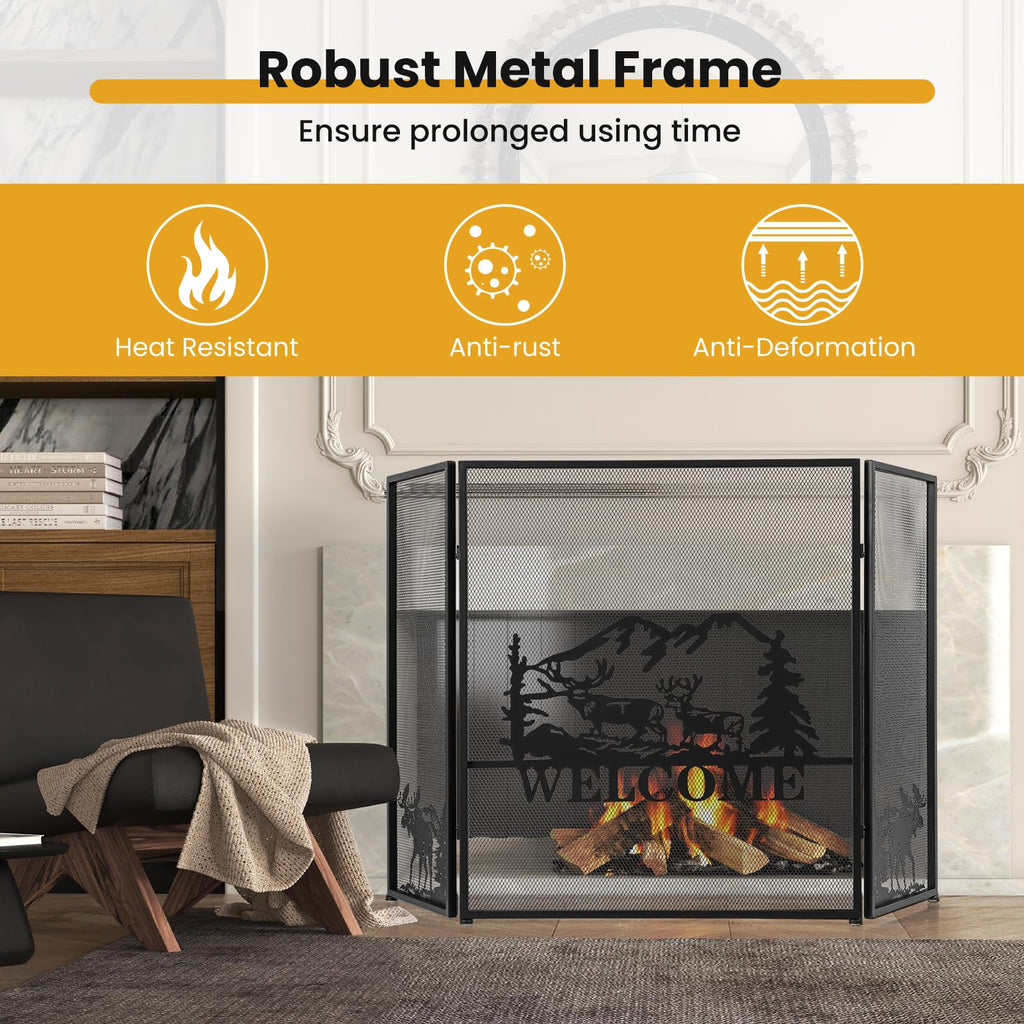 Foldable Fireplace Screen with Moose Pattern R32066