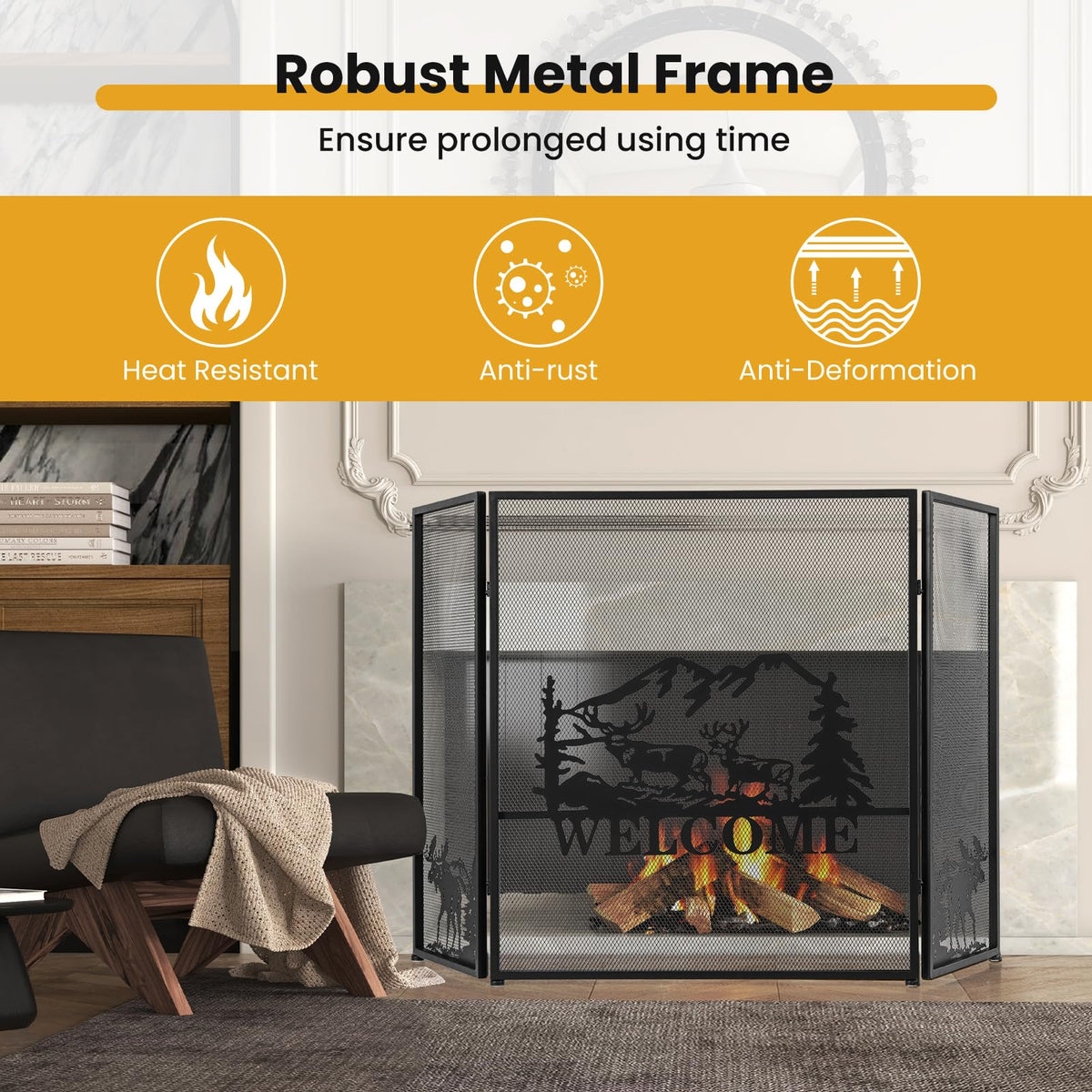 Foldable Fireplace Screen with Moose Pattern R32066