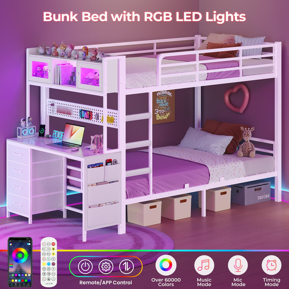 Twin Over Twin Bunk Bed with Desk & LED Light I665