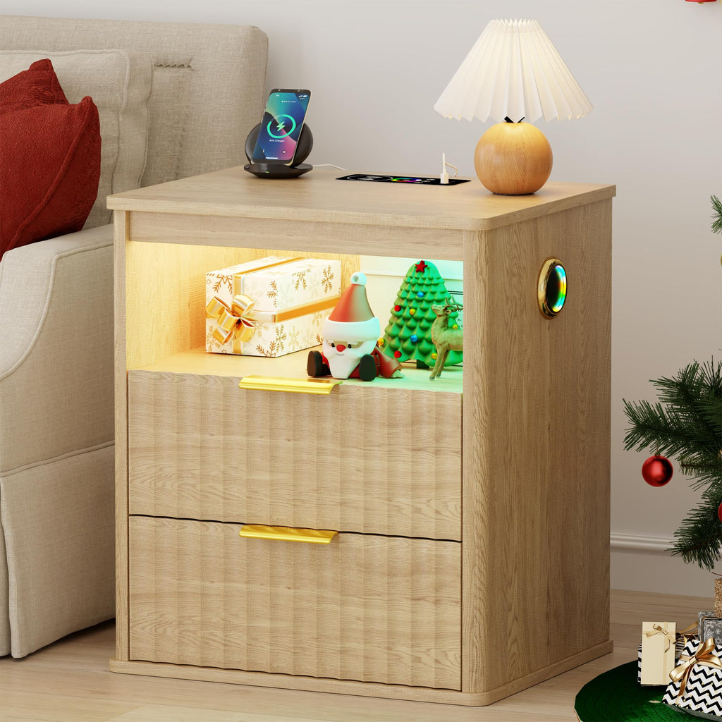 LED Nightstand with Charging Station and 2 Drawers D7139