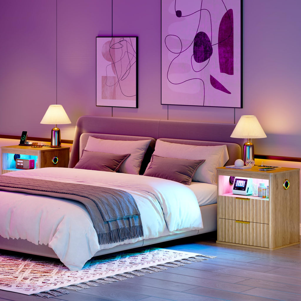 LED Nightstand with Charging Station and 2 Drawers D7139