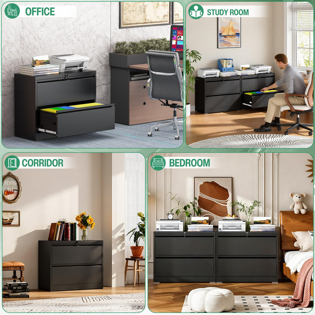 Black 2 Drawer Metal Lateral File Cabinet with Lock J52857