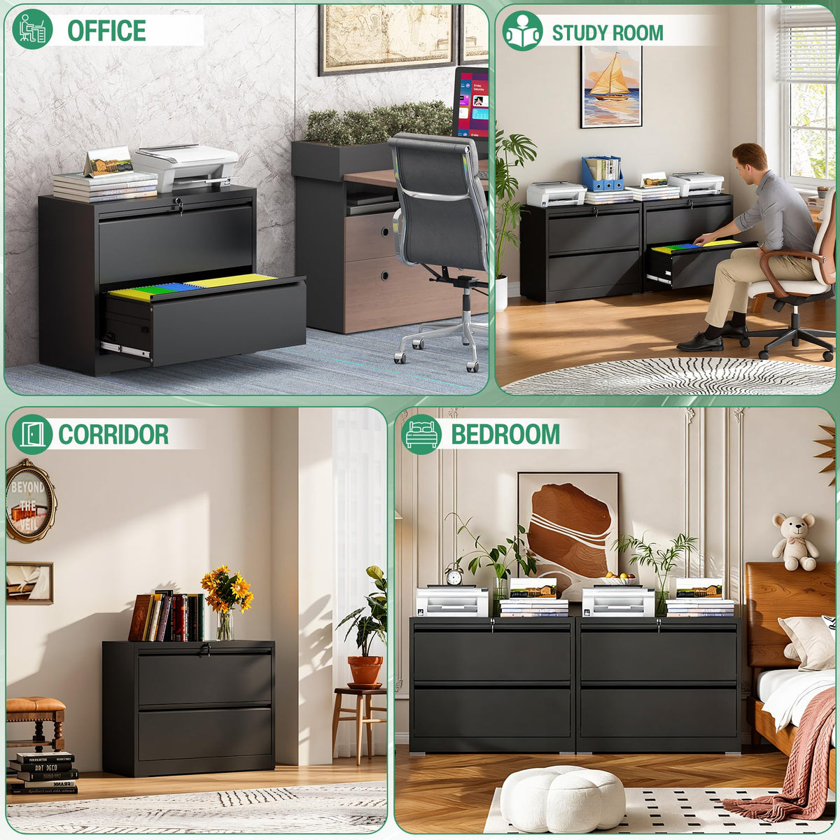 Black 2 Drawer Metal Lateral File Cabinet with Lock J52857