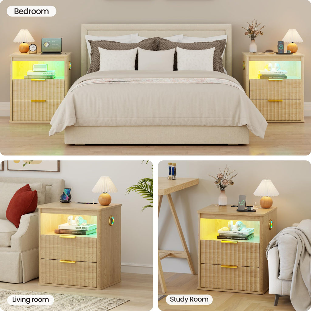 LED Nightstand with Charging Station and 2 Drawers D7139