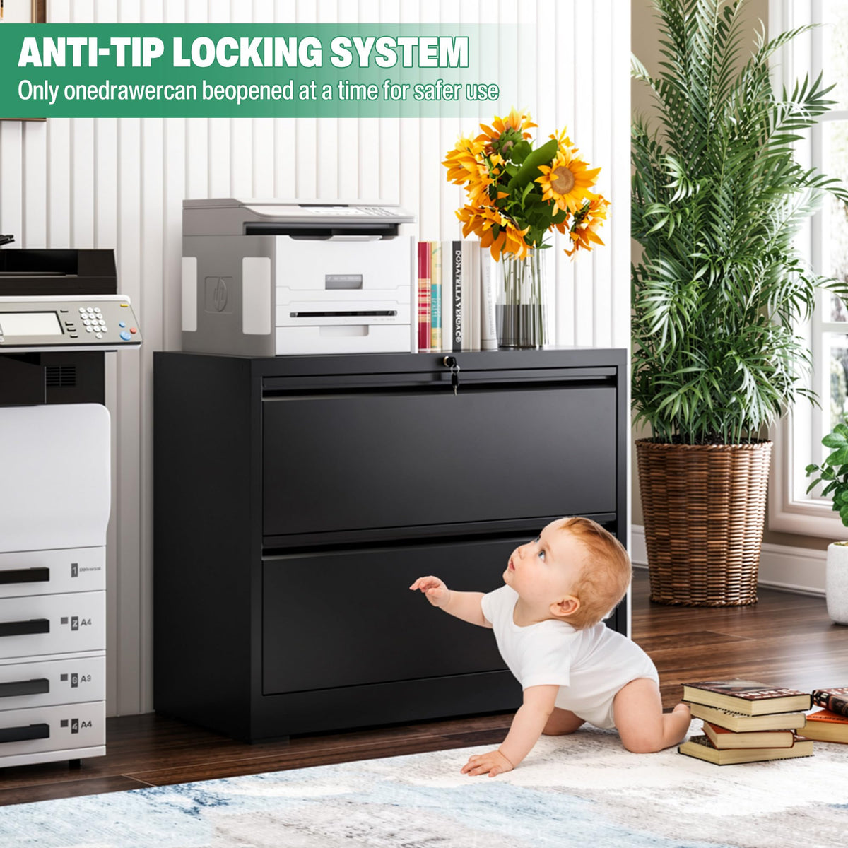 Black 2 Drawer Metal Lateral File Cabinet with Lock J52857