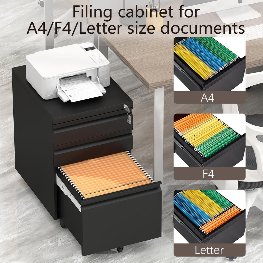 Black 3 Drawer Metal File Cabinet with Lock X35735