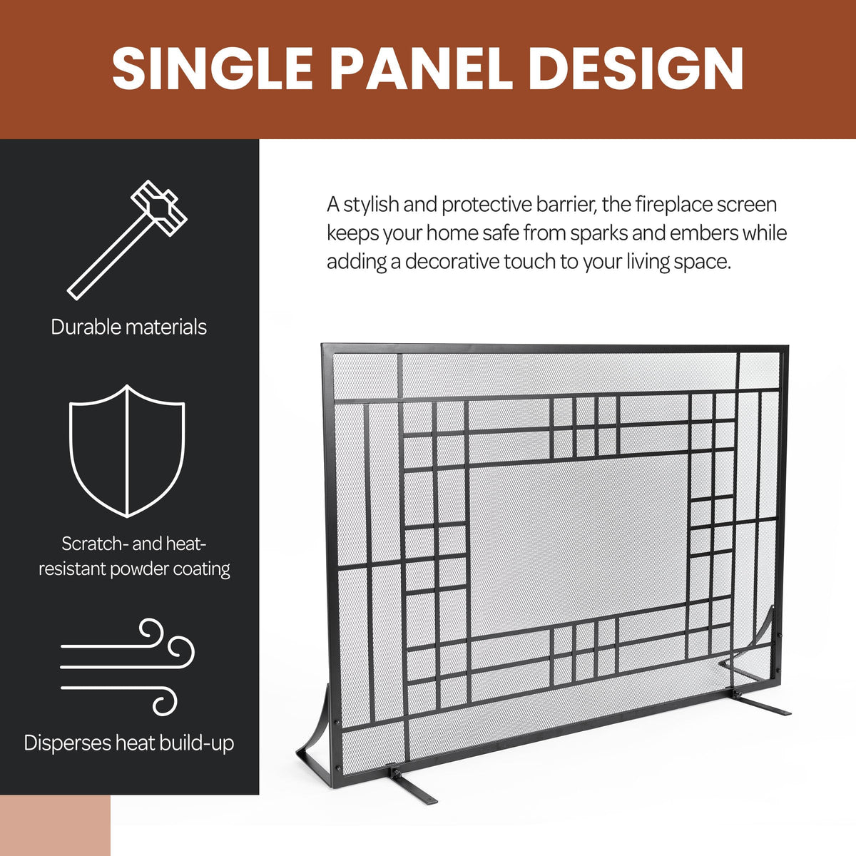 Single Panel Fireplace Screen with Mesh Spark Guard H12863
